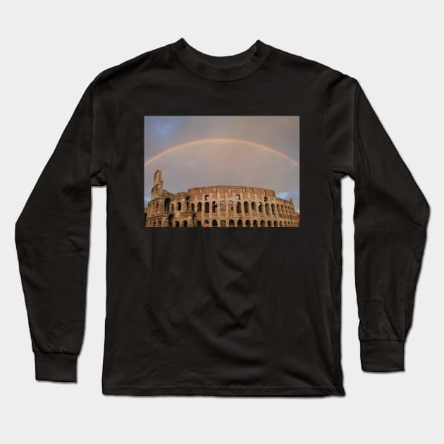 Rainbow Over The Colosseum, Rome, Italy Long Sleeve T-Shirt by bettyretro